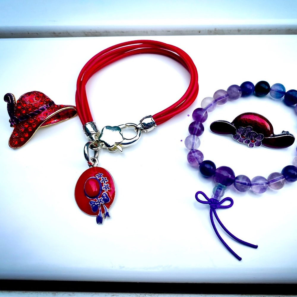 Red Hat Lady Jewelry 1 Red Bracelet, 2 Brooches, 1 Purple Stretch Bead Bracelet